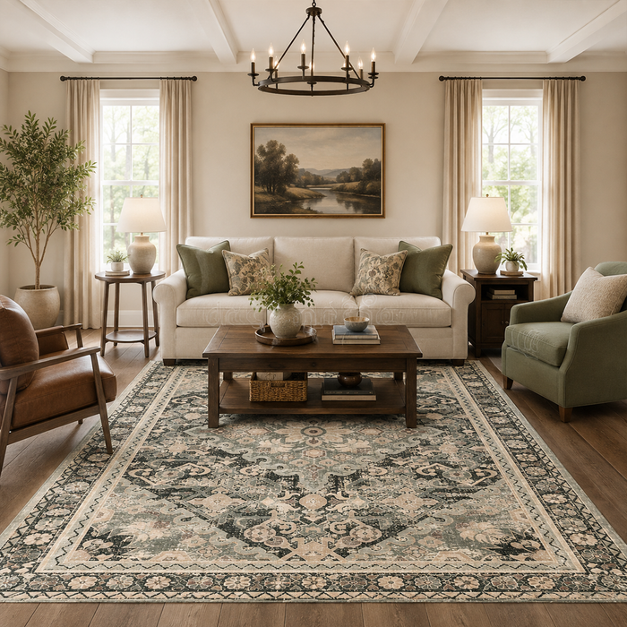 Vintage Persian Diamond Rug – Sage & Charcoal