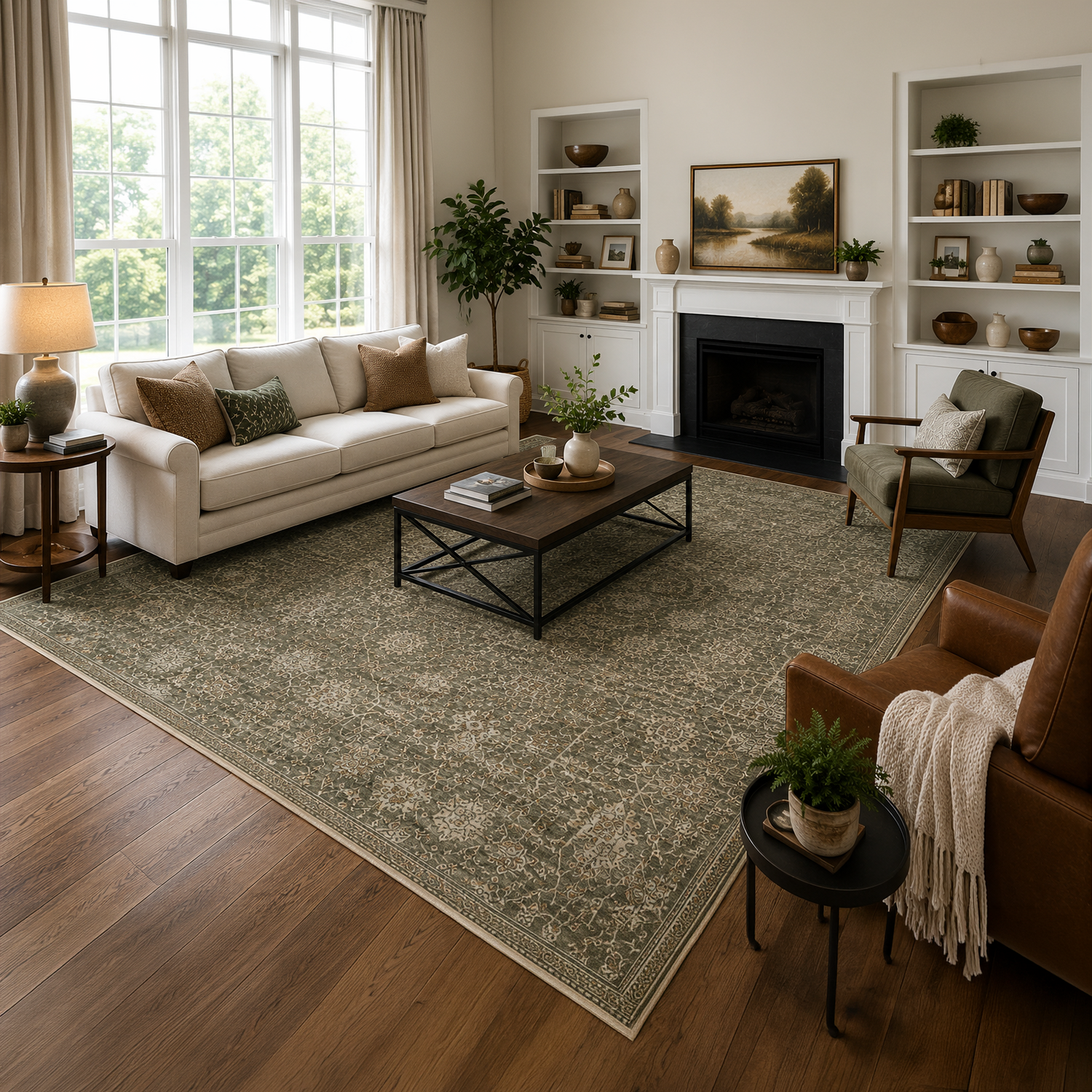 Olive Green Floral Washable Rug | Living Room