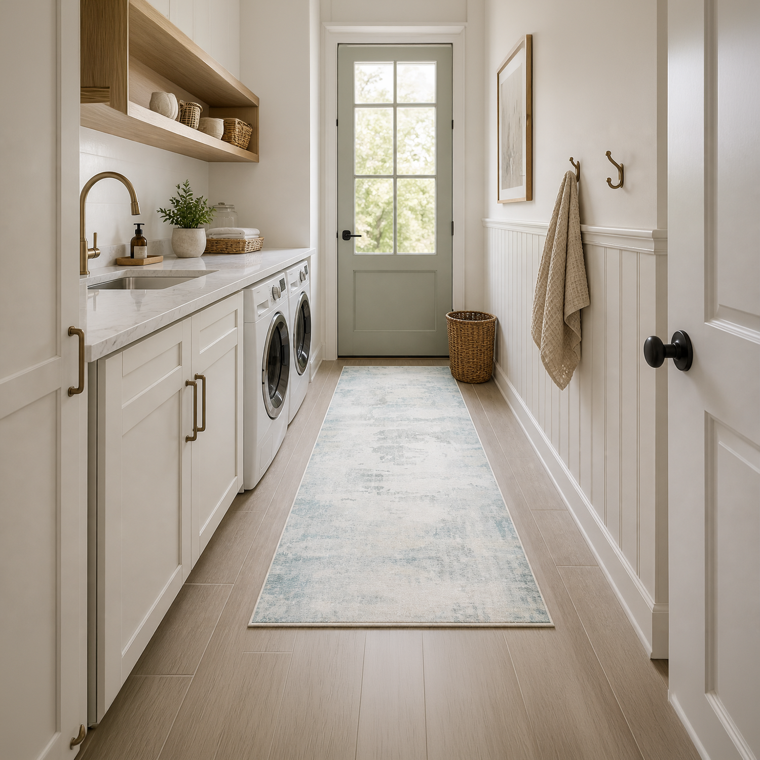 Sage Mist & Ivory Washable Rug | laundry Room