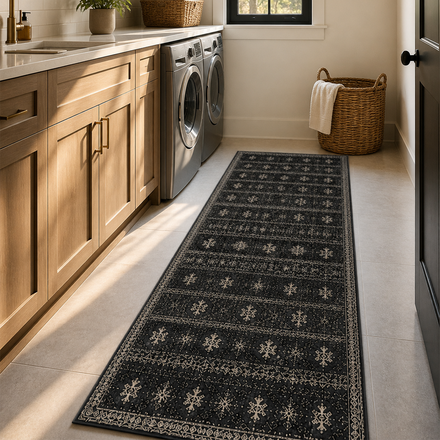 Midnight Geometric Washable Rug | laundry Room