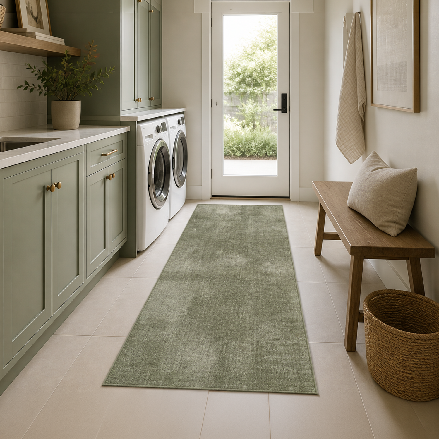 Modern Moss Green Washable Rug | laundry Room