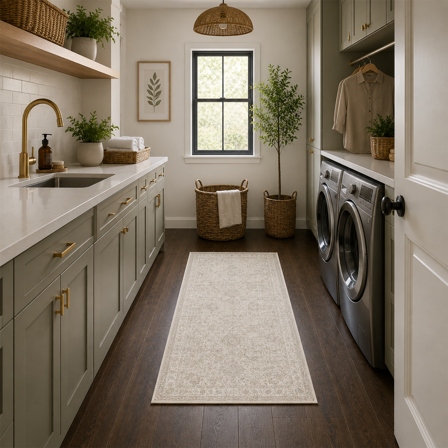 Wheat Beige Vintage Washable Rug | Laundry Room