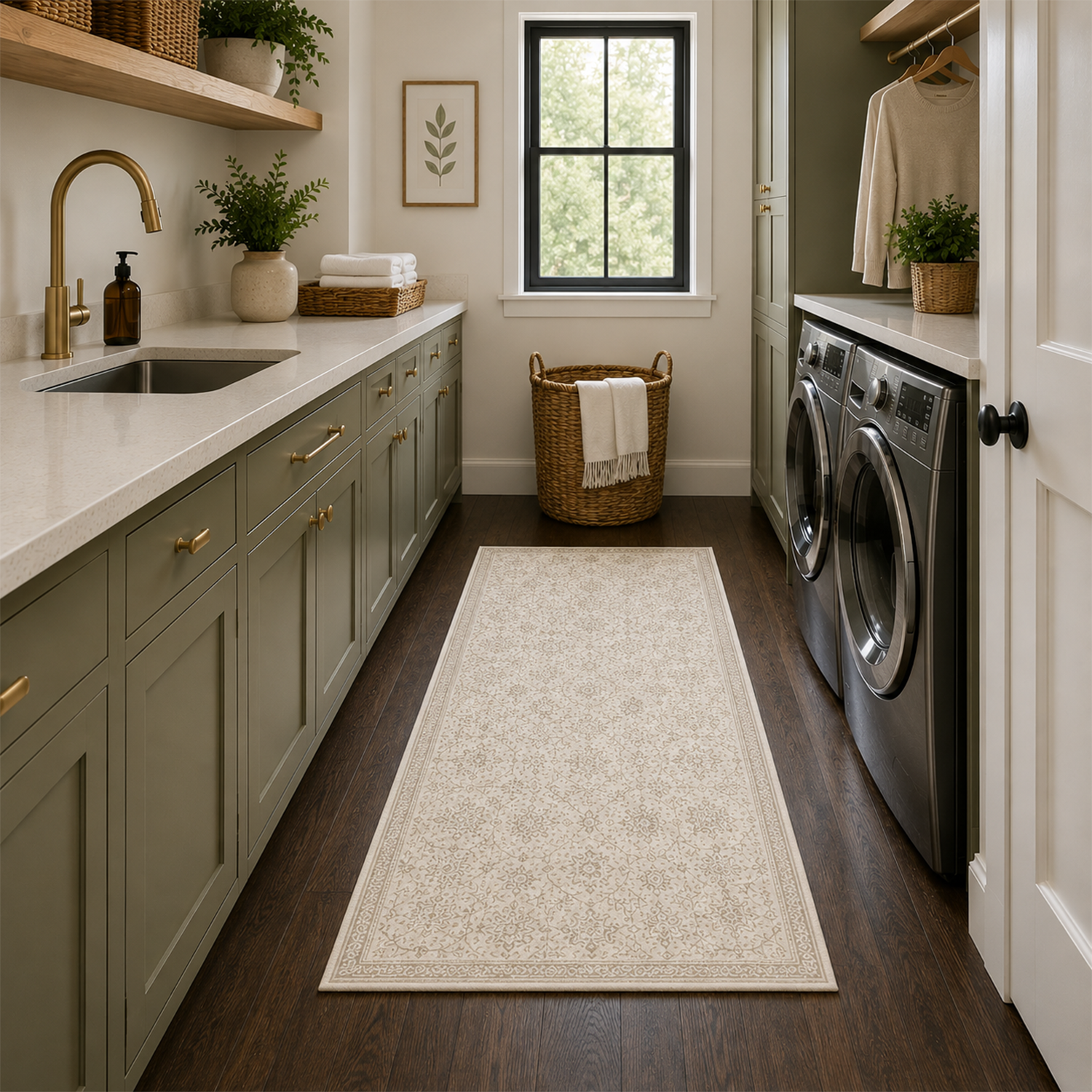 Ivory & Sand Floral Washable Rug | Laundry Room