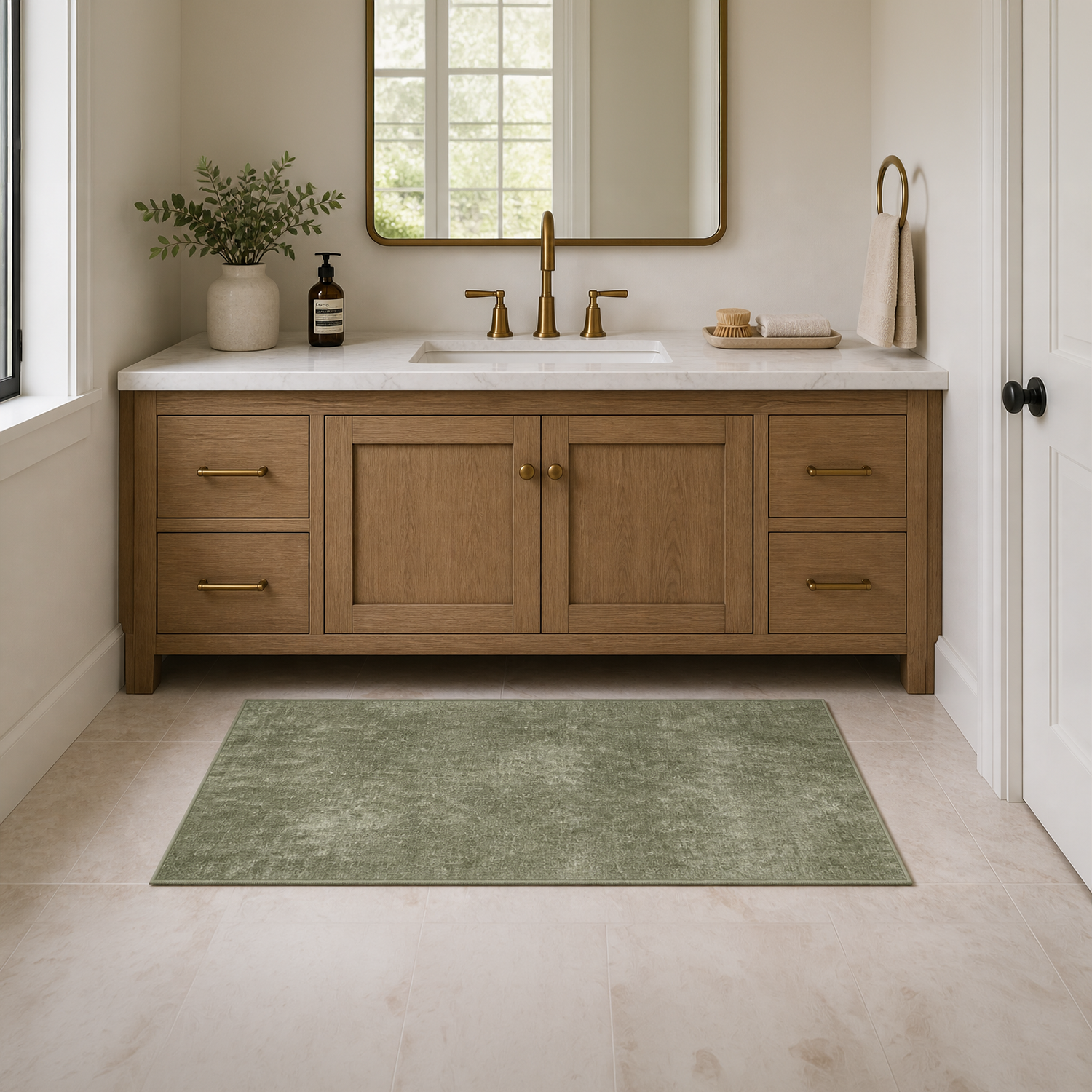 Modern Moss Green Washable Rug | Entryway