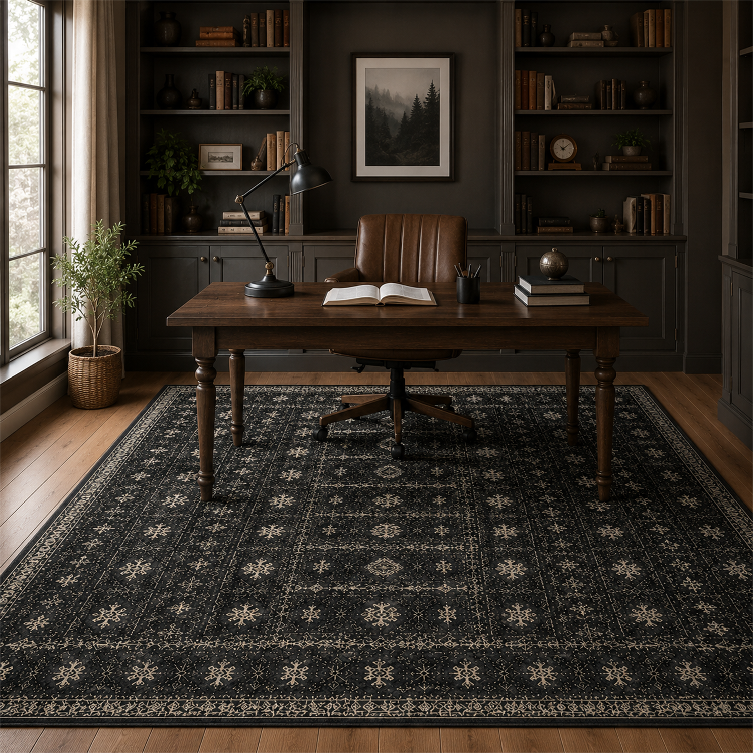 Midnight Geometric Washable Rug | Office Room