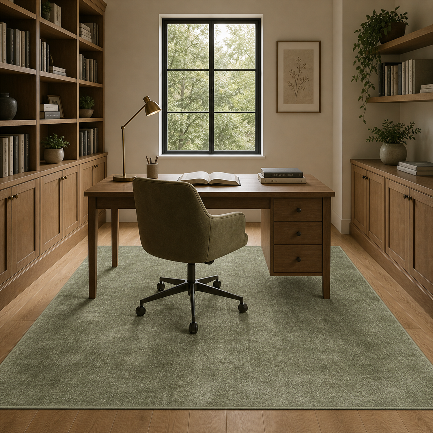 Modern Moss Green Washable Rug | Office Room