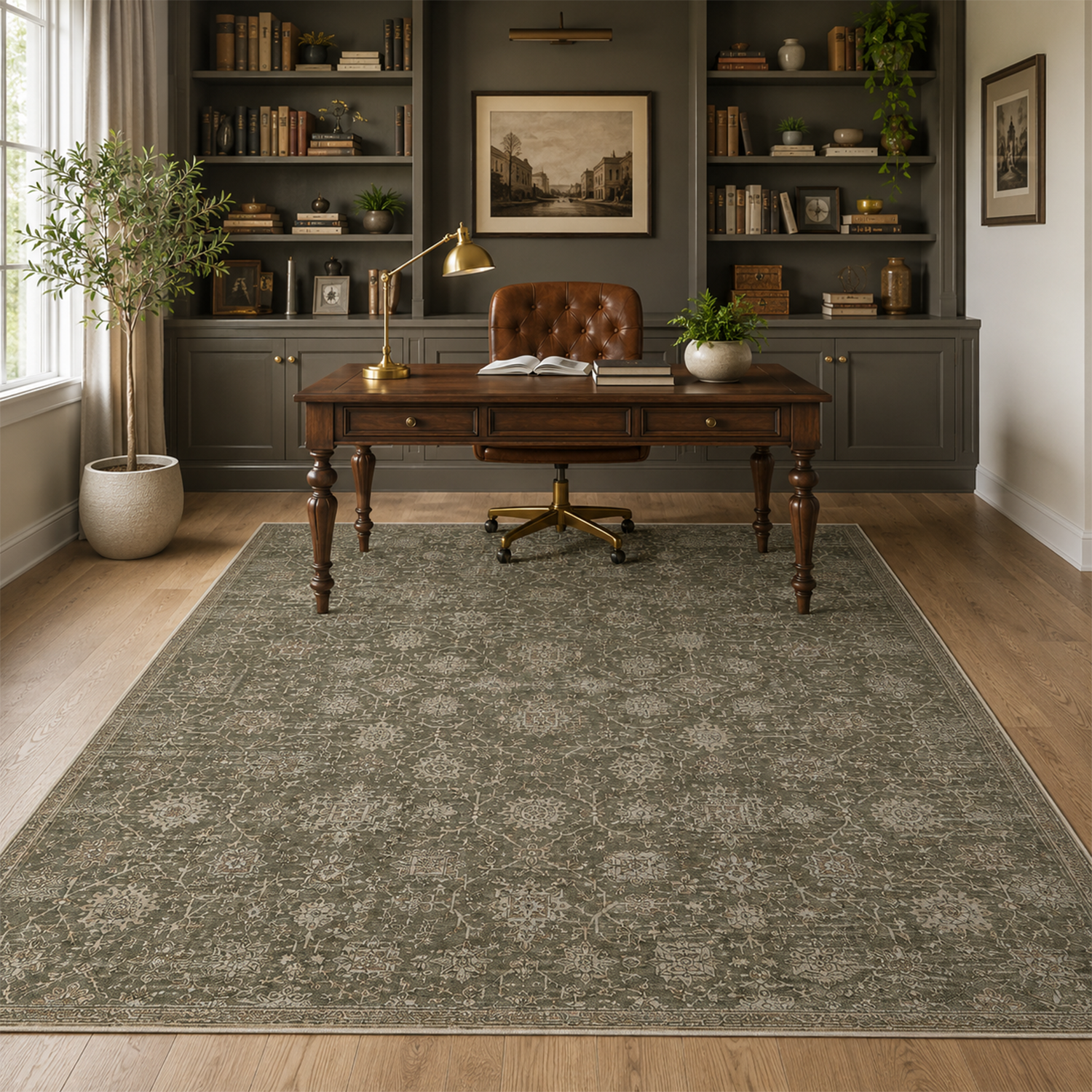 Olive Green Floral Washable Rug | Office Room