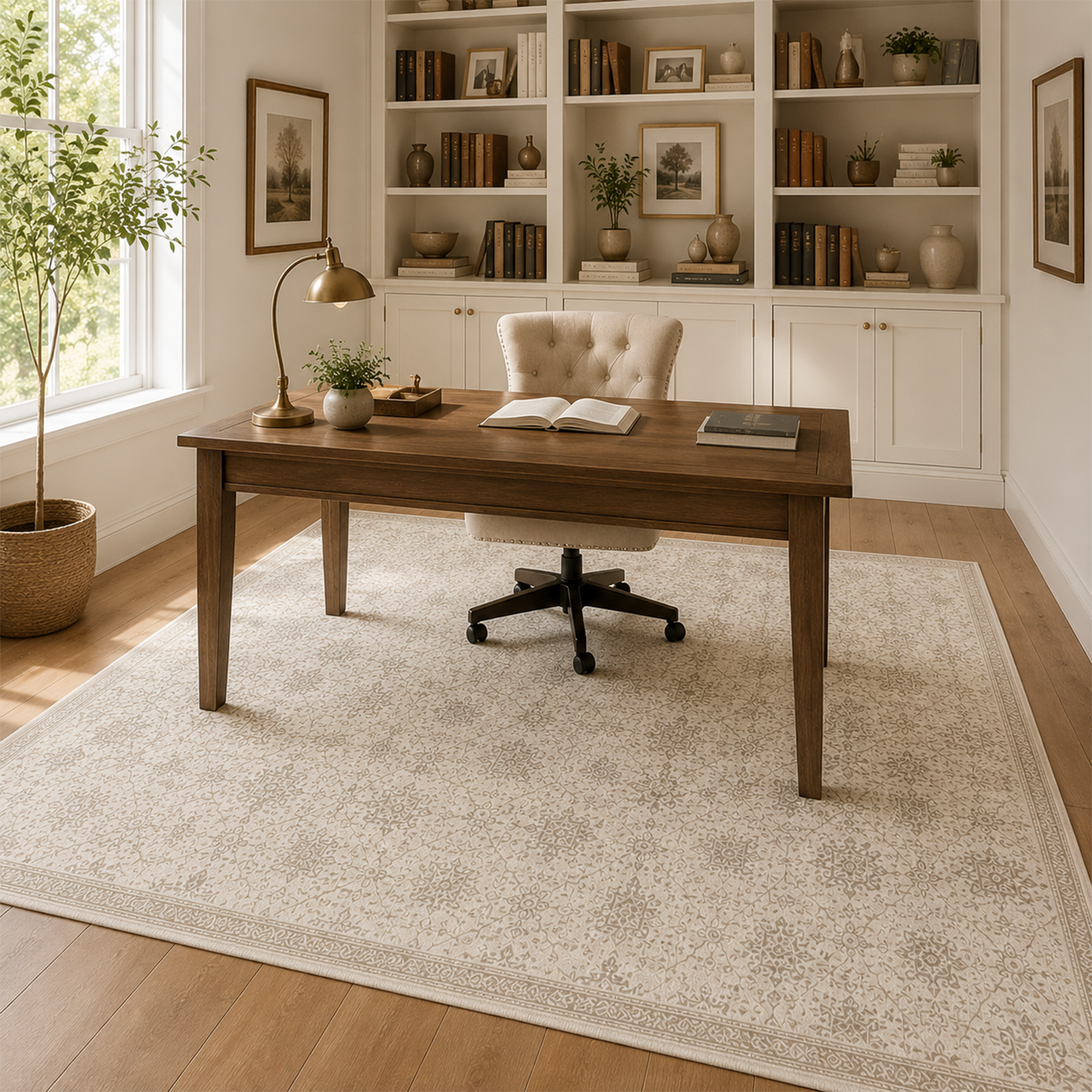 Ivory & Sand Floral Washable Rug | Office Room