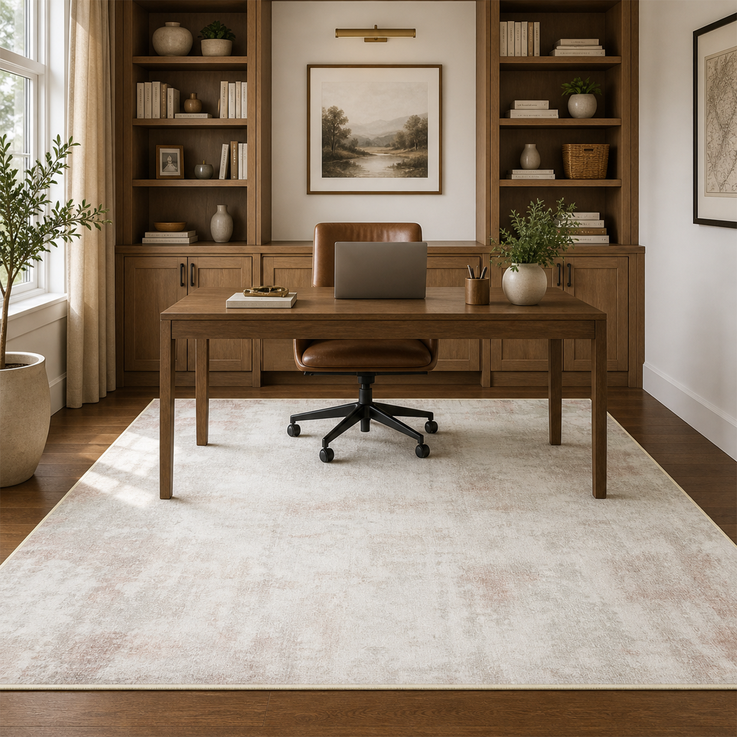 Soft Blush & Natural Washable Rug | Office Room