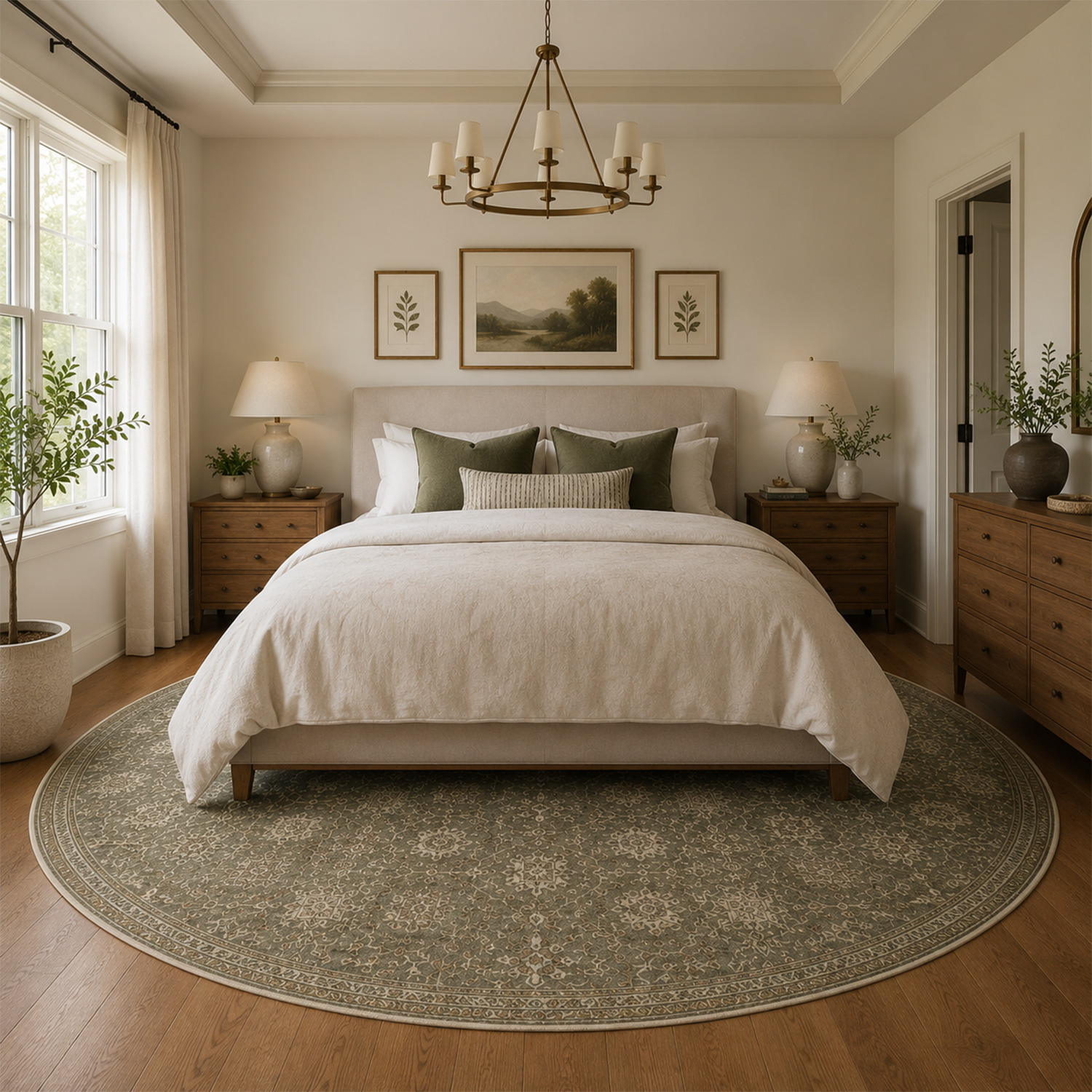 Olive Green Floral Washable Rug | Bed Room