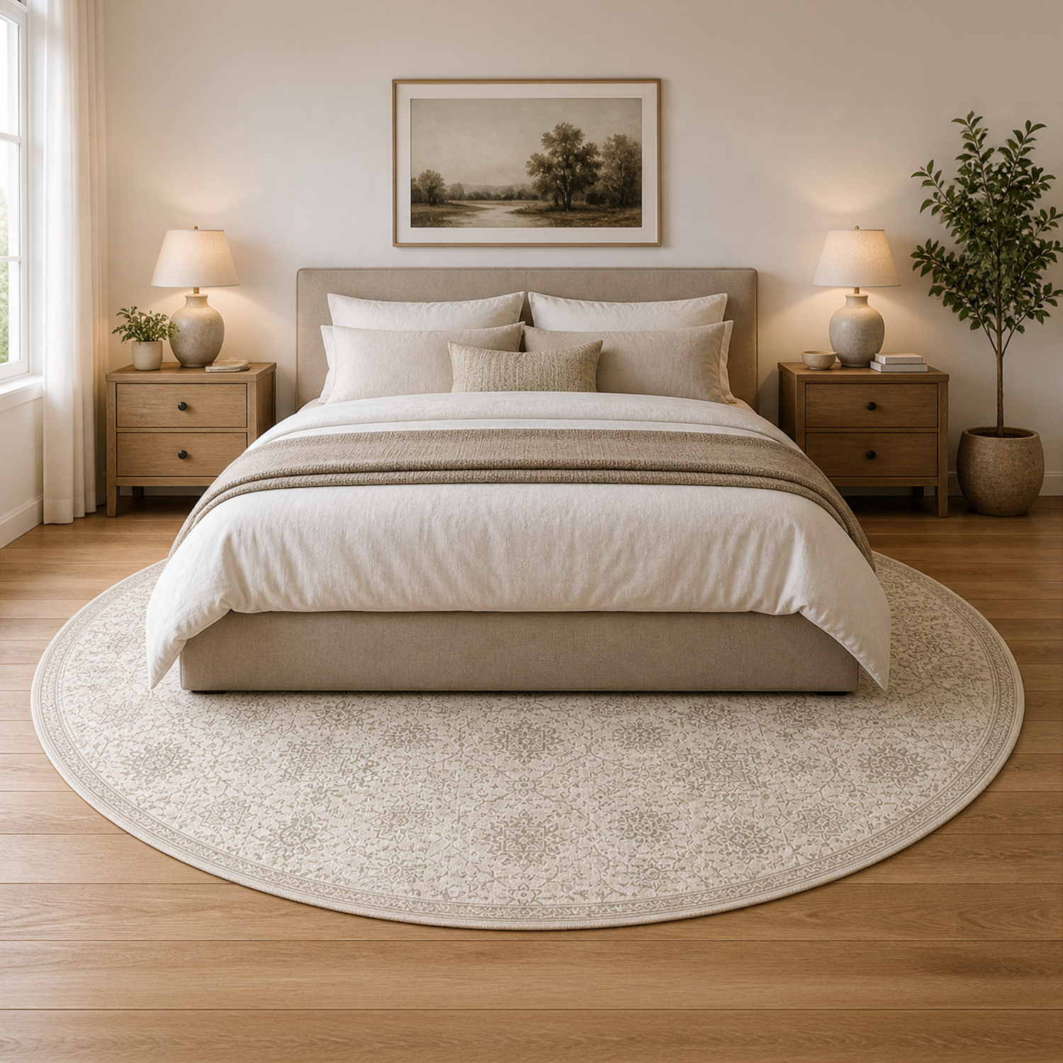 Ivory & Sand Floral Washable Rug | Bed Room