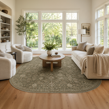 Olive Green Floral Washable Rug