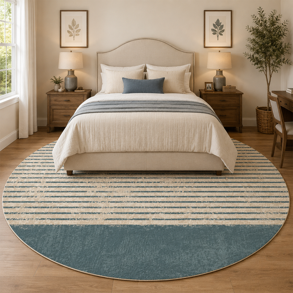 Distressed Stripe & Solid Border Rug – Slate Blue & Ivory
