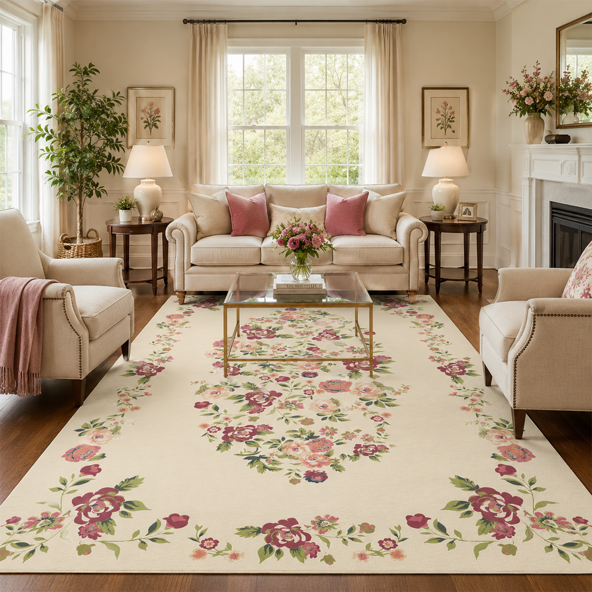 Vintage Rose Medallion Rug – Magenta & Ivory