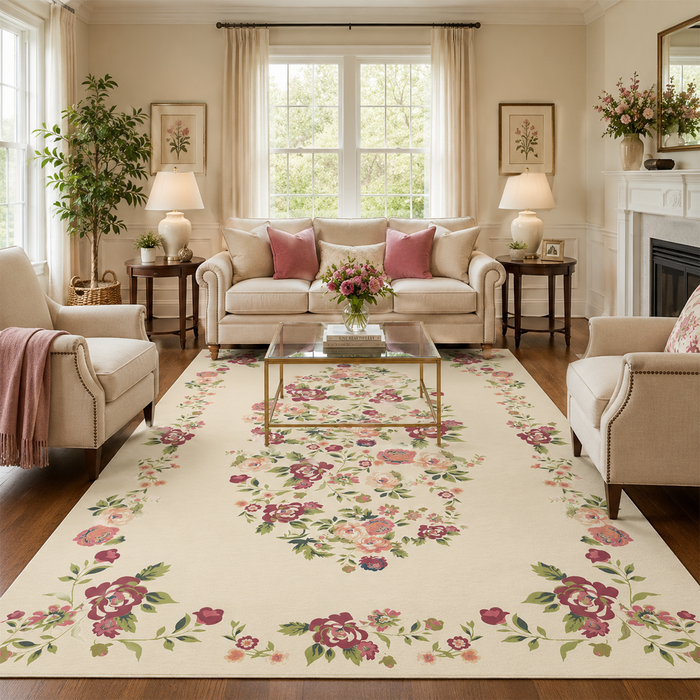 Vintage Rose Medallion Rug – Magenta & Ivory