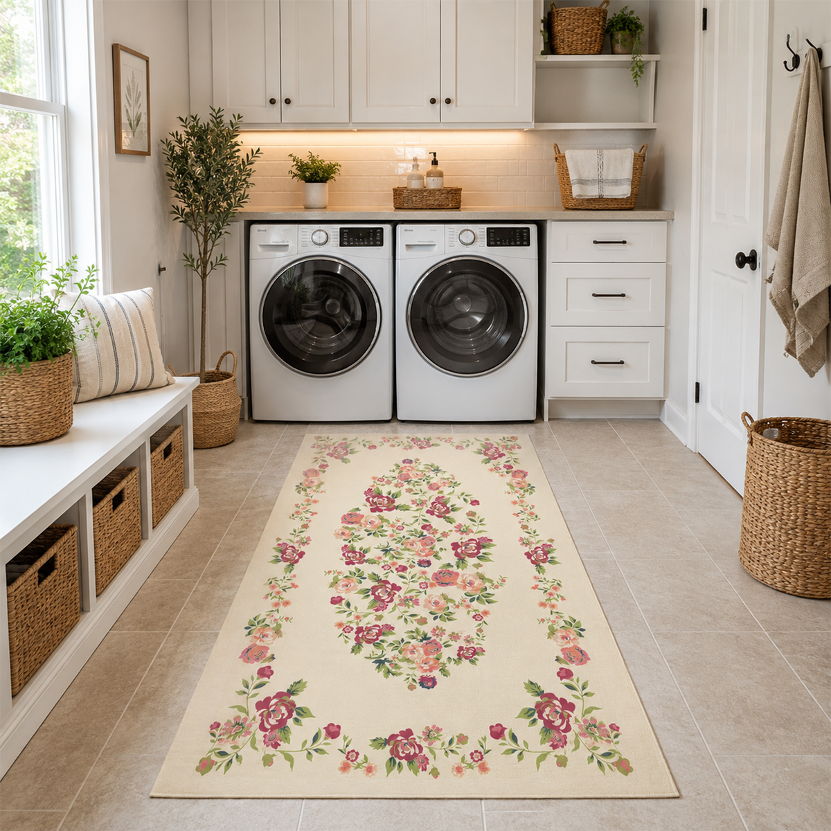 Vintage Rose Medallion Rug – Magenta & Ivory