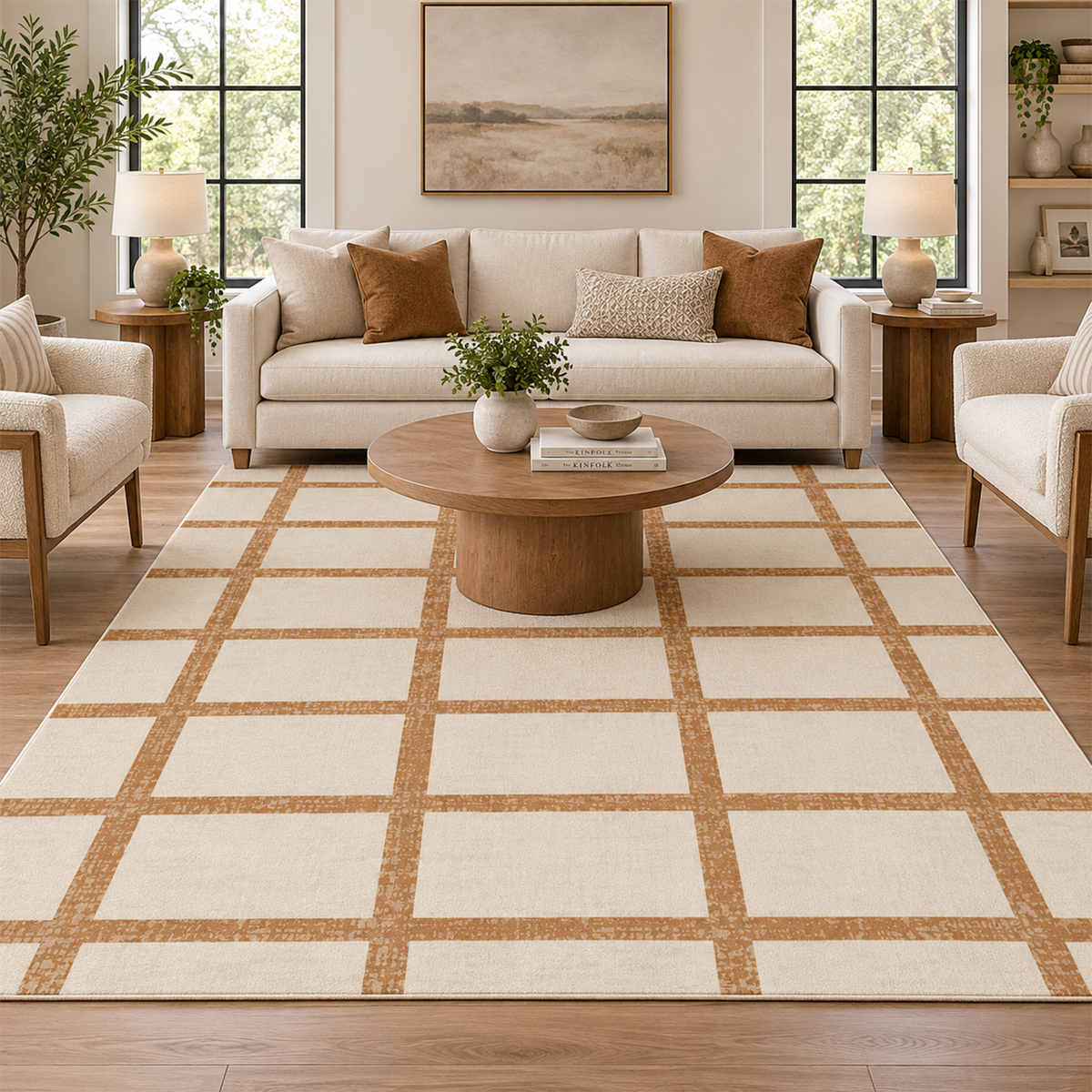 Camel Grid Check Rug