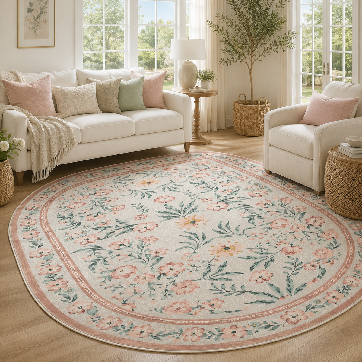 Vintage Peach Floral Botanical Washable Area Rug