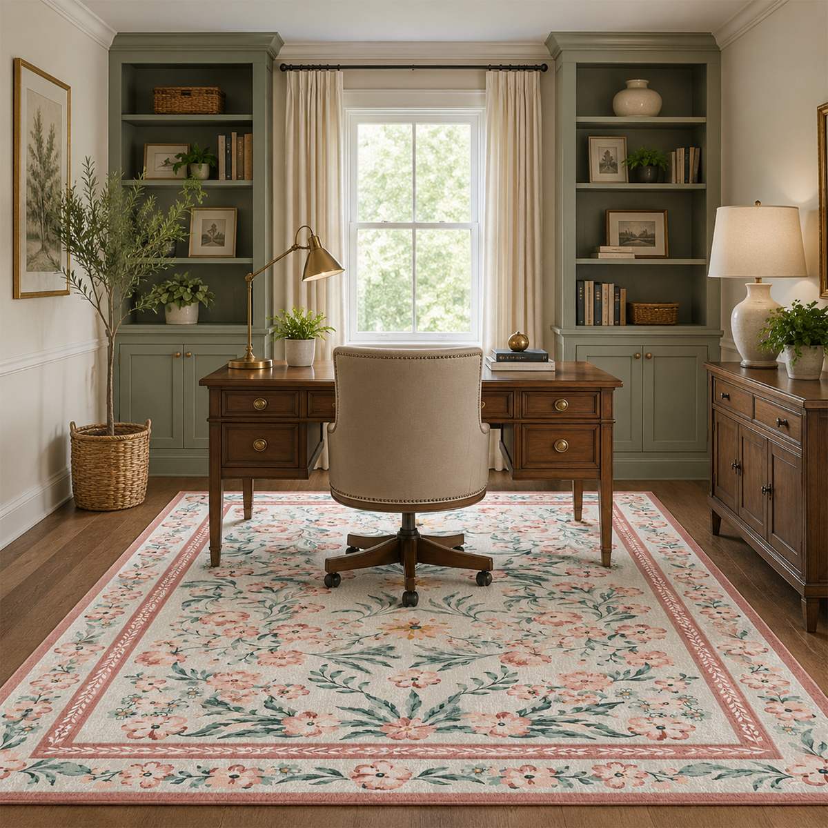 Vintage Peach Floral Botanical Washable Area Rug