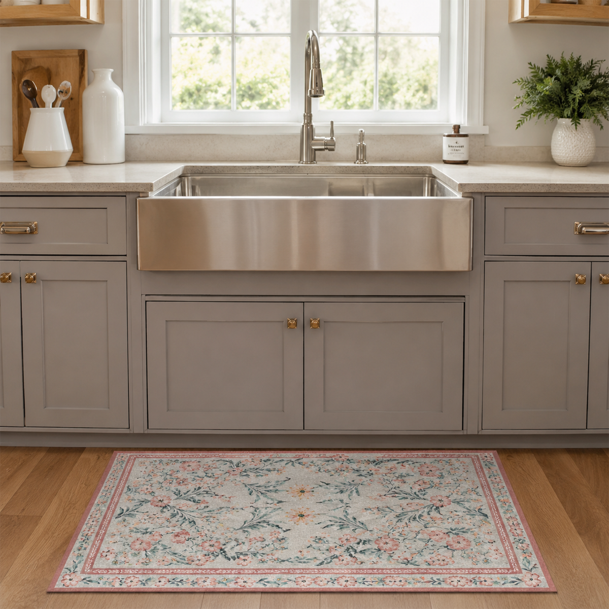 Vintage Peach Floral Botanical Washable Area Rug