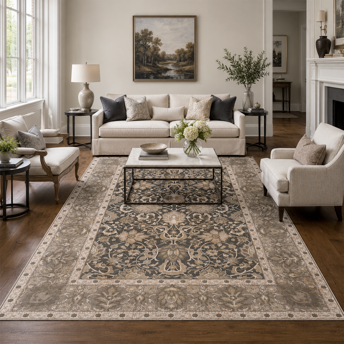 Charcoal Botanical Scroll Rug