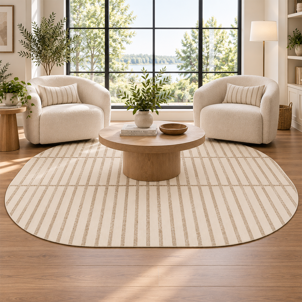 Beige Pinstripe Grid Rug