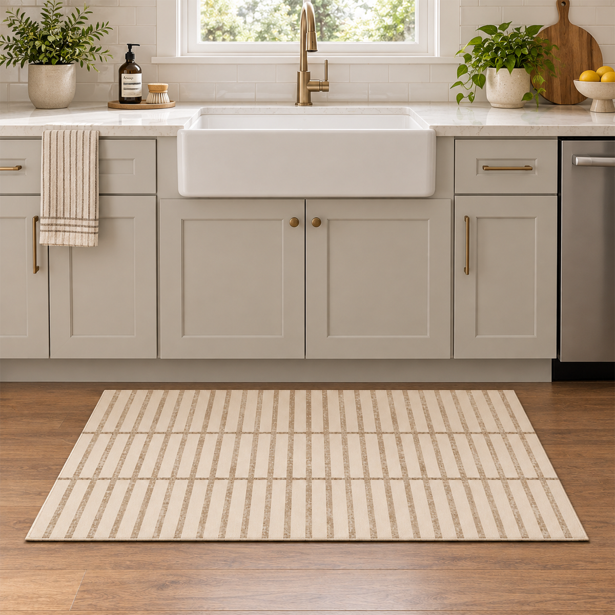 Beige Pinstripe Grid Rug