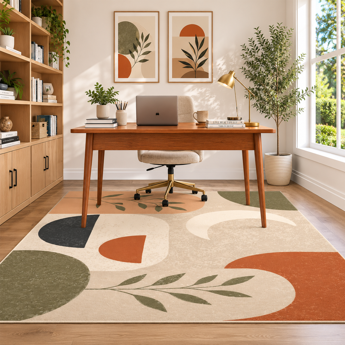 Modern Botanical Geometric Washable Area Rug