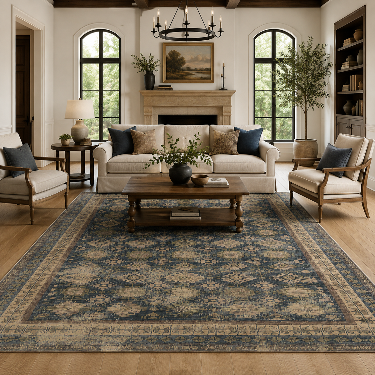 Distressed Navy Botanical Rug