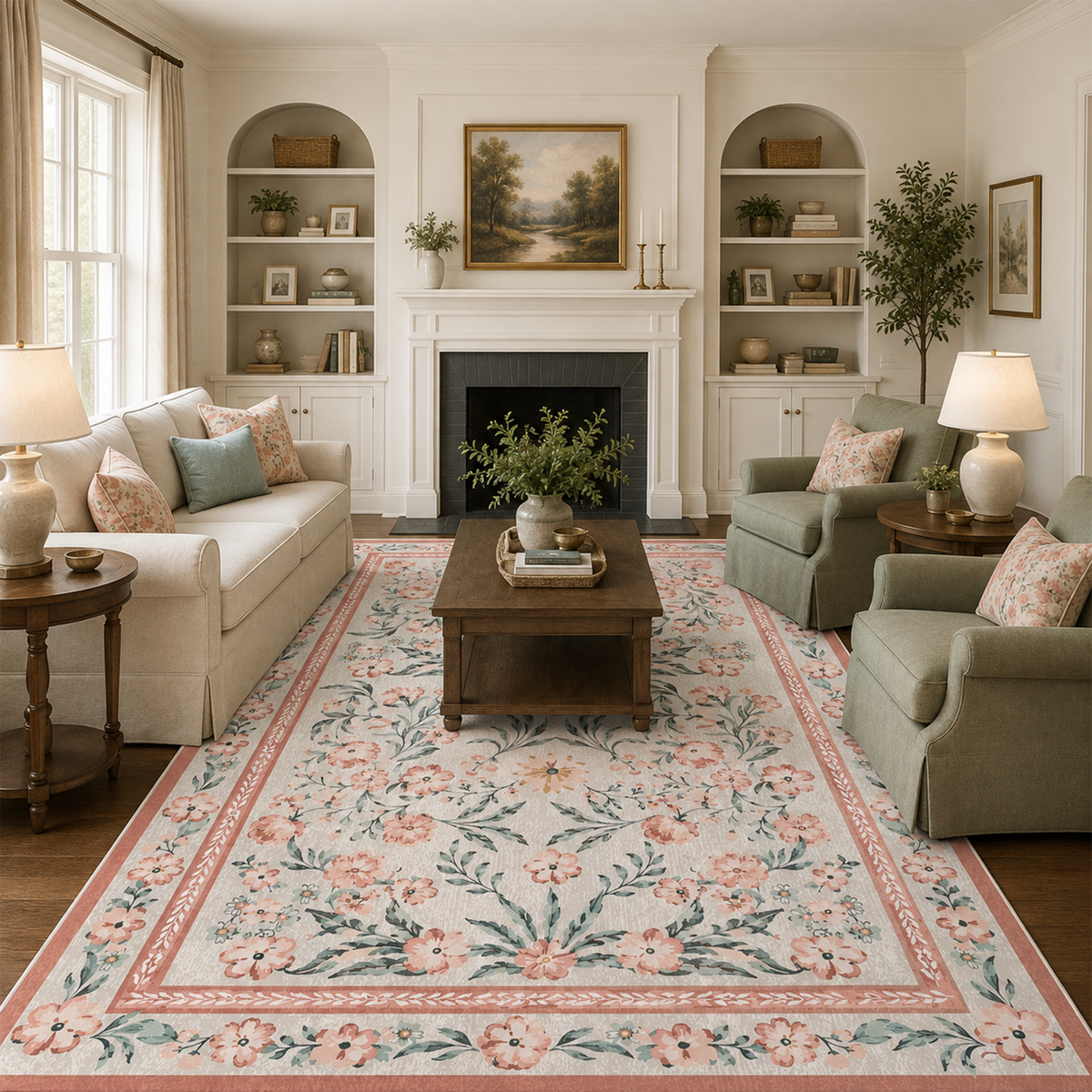 Vintage Peach Floral Botanical Washable Area Rug