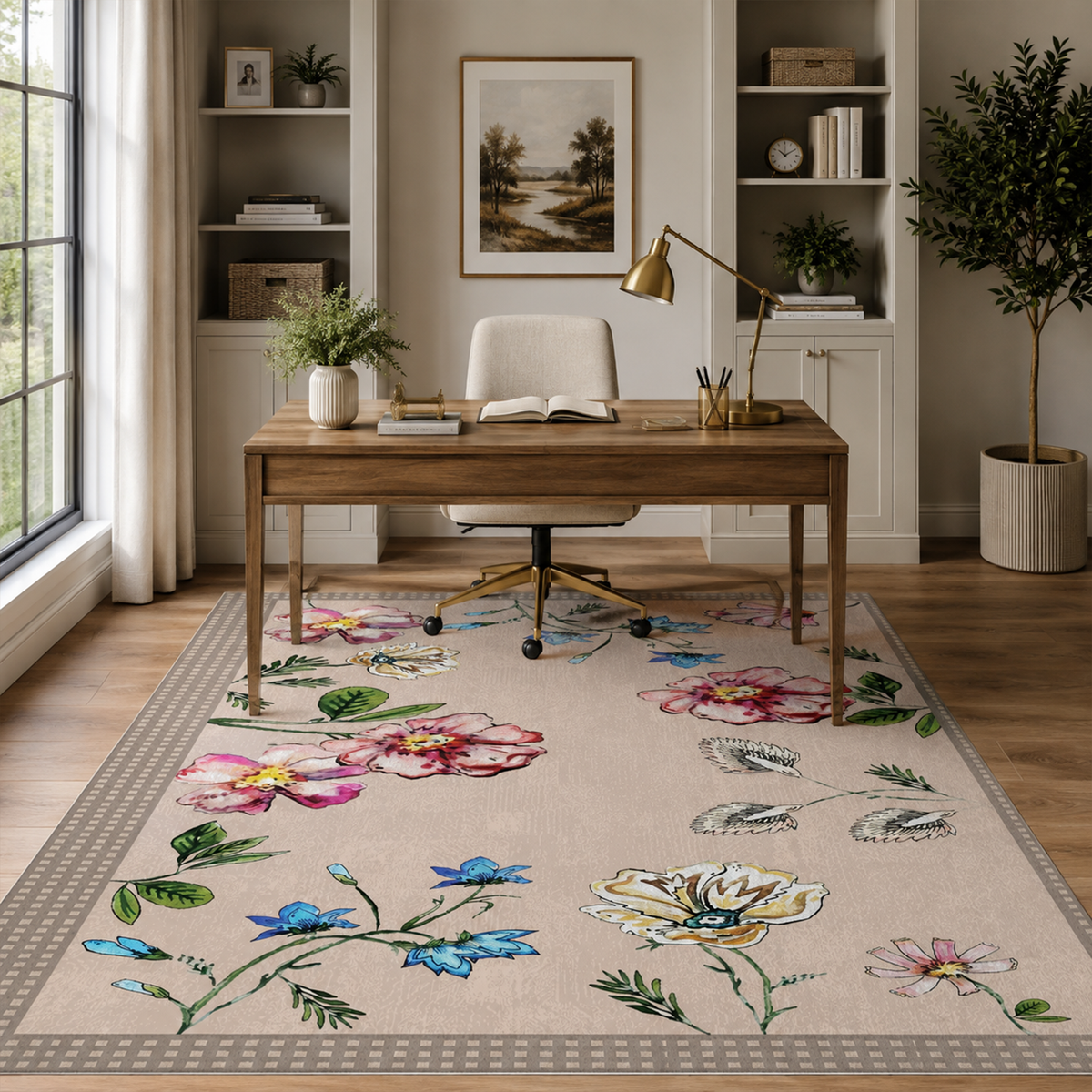 Vintage Floral Botanical Washable Area Rug