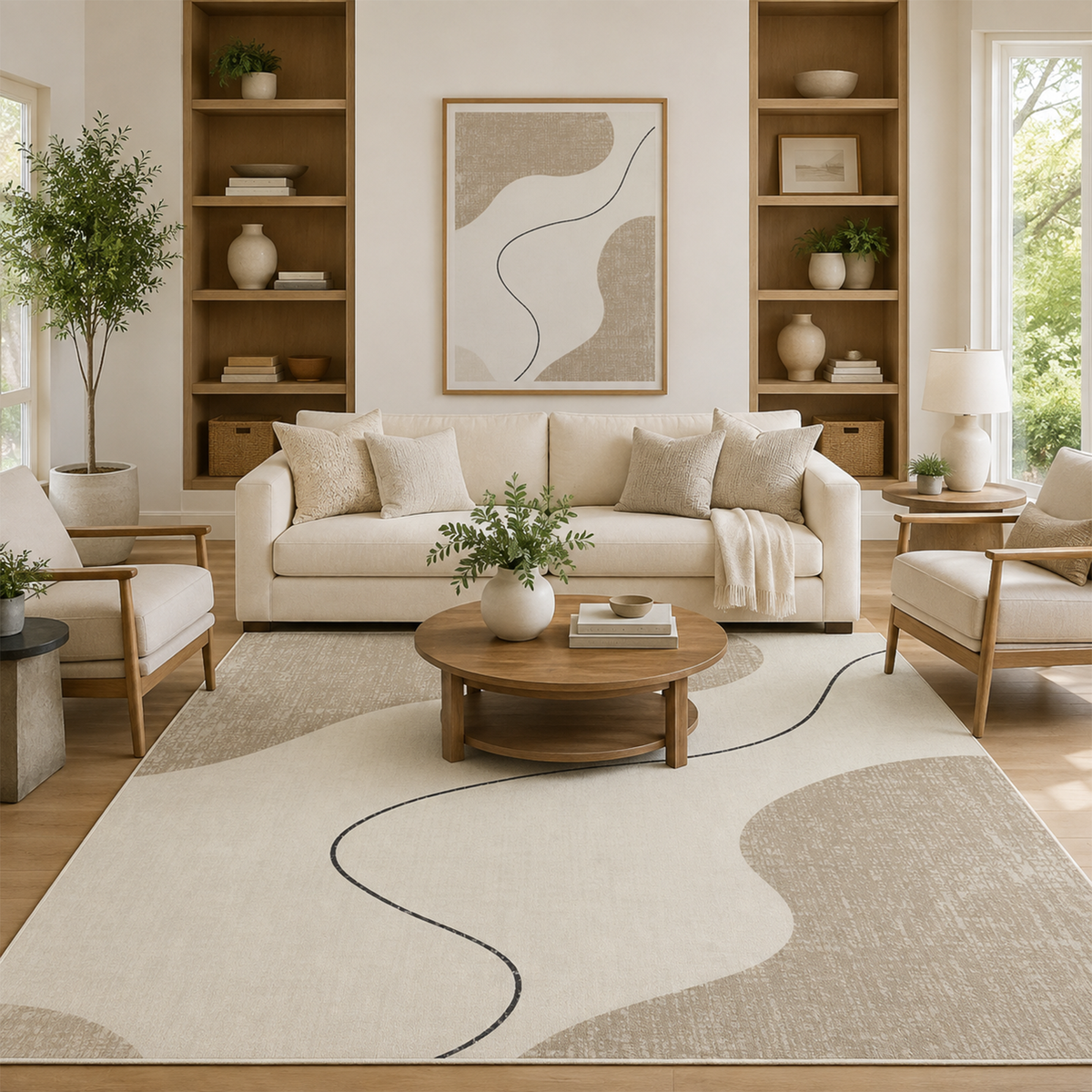 Ivory Abstract Curve Area Rug
