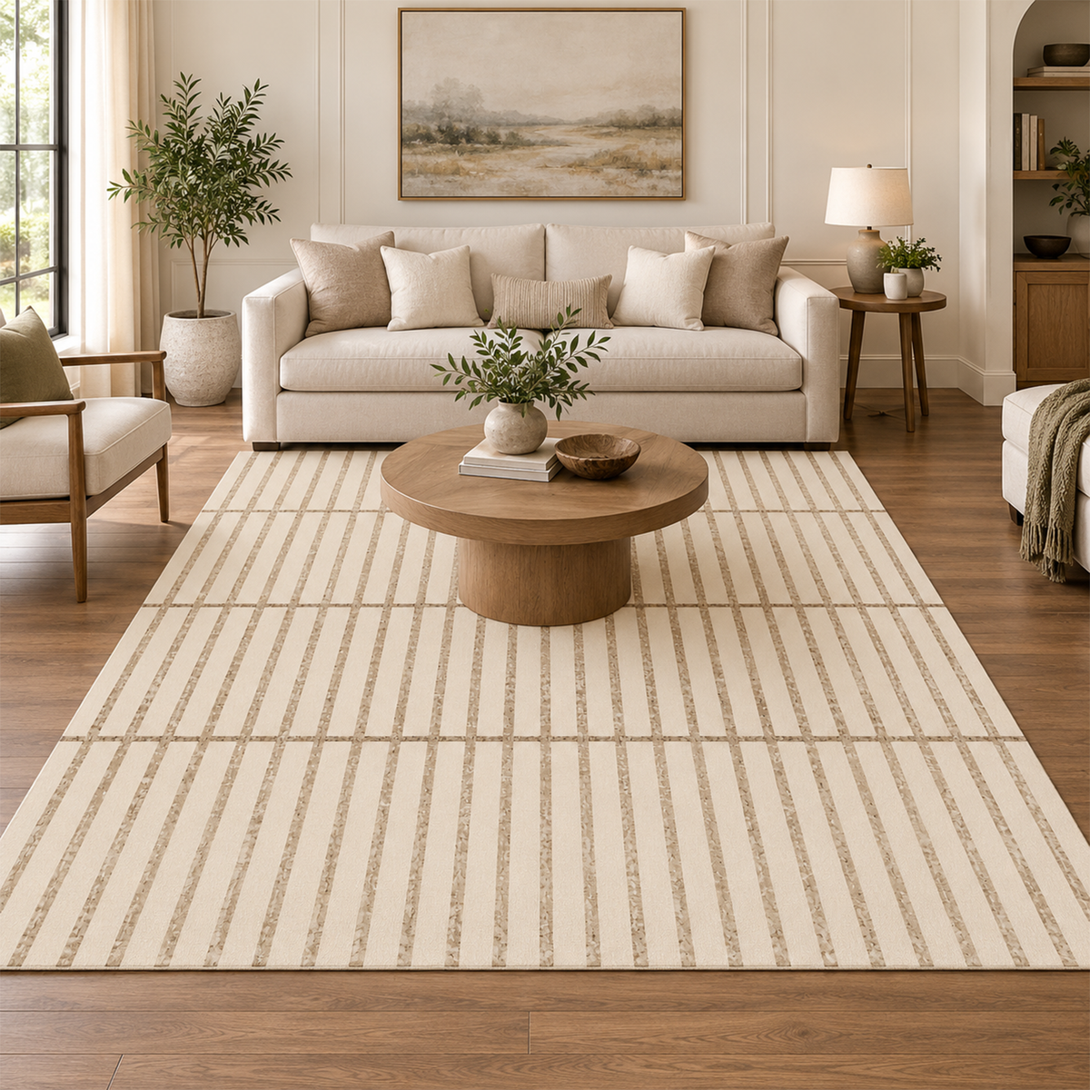 Beige Pinstripe Grid Rug