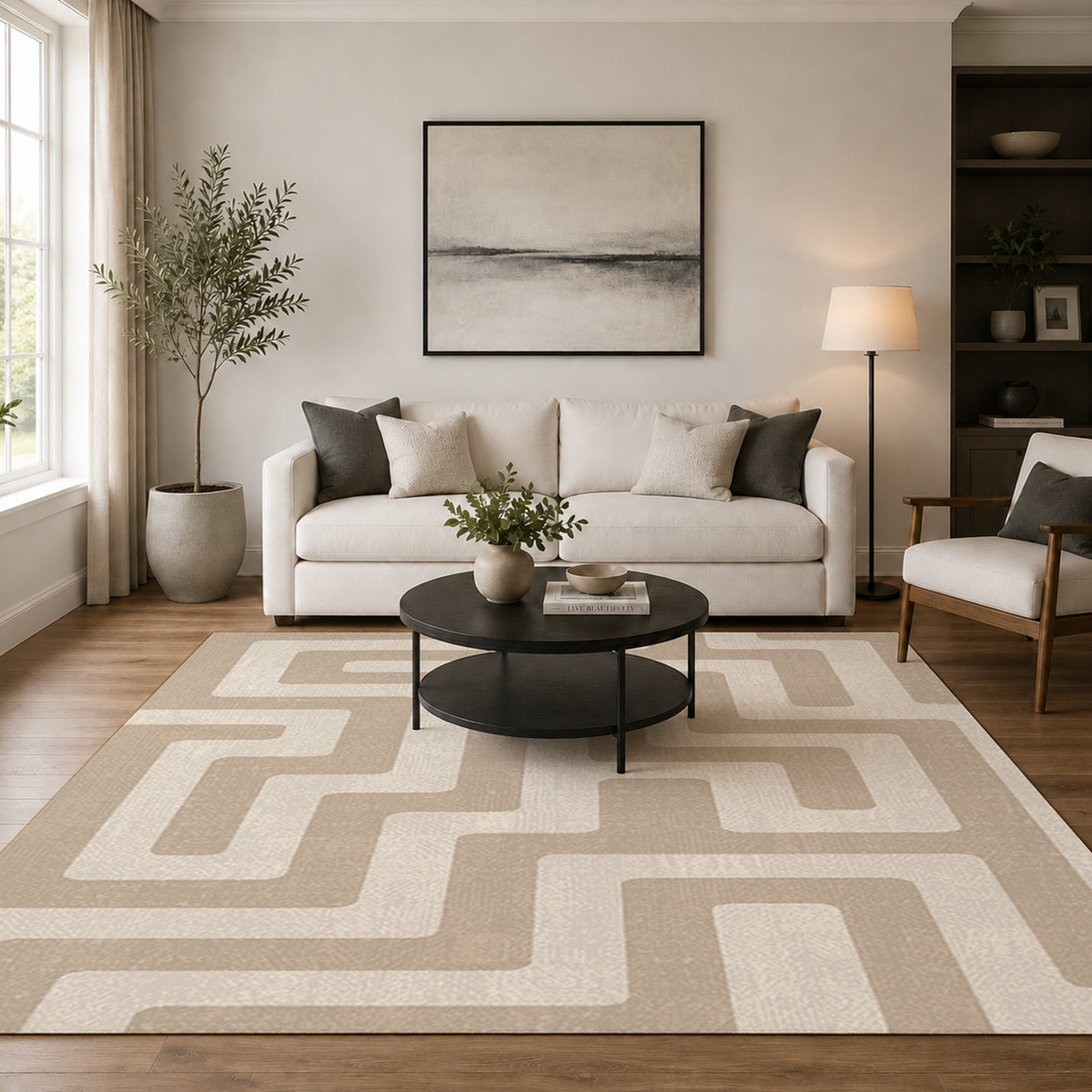 Tonal Beige Maze Labyrinth Rug