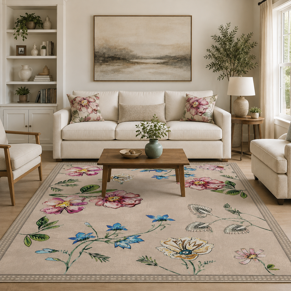 Vintage Floral Botanical Washable Area Rug