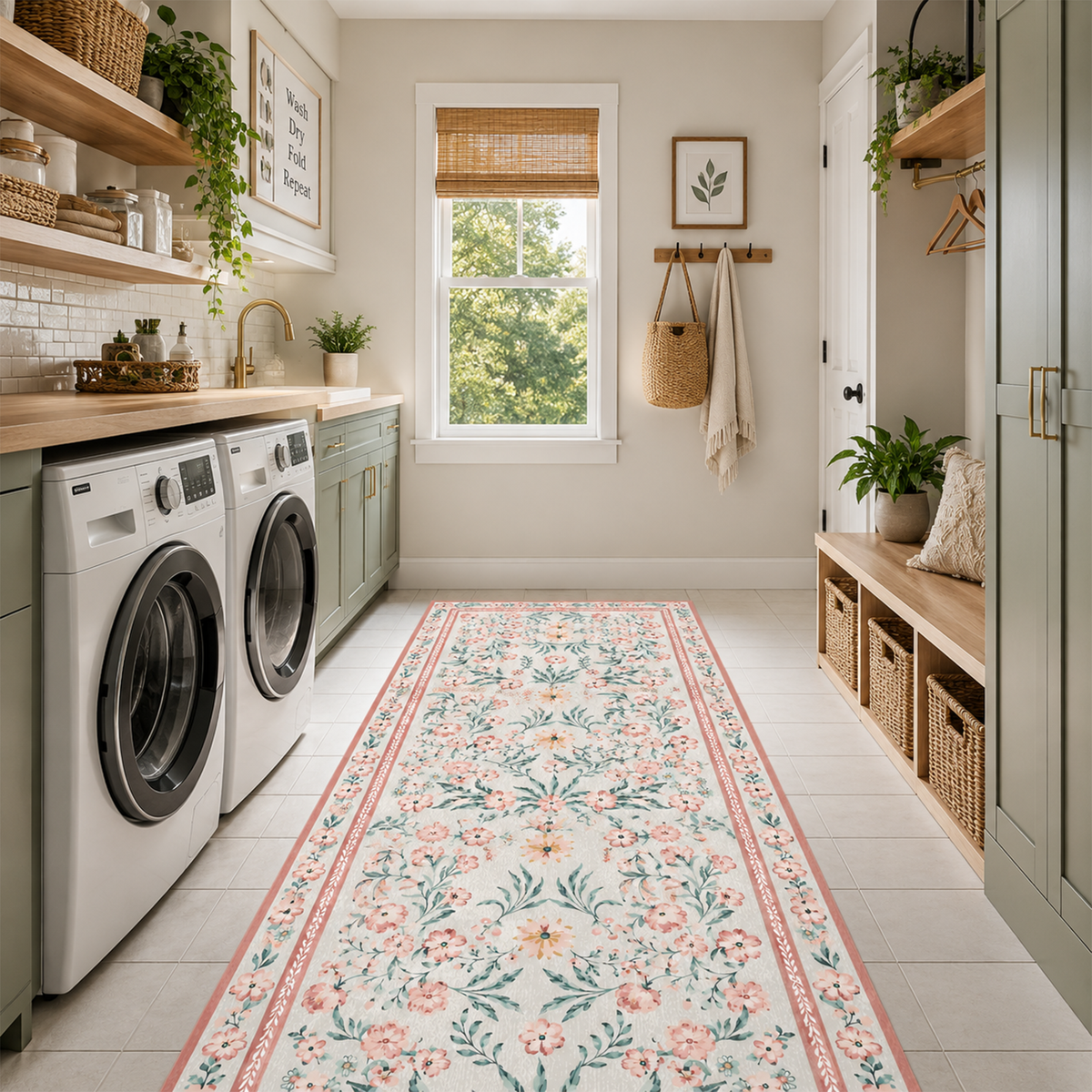 Vintage Peach Floral Botanical Washable Area Rug