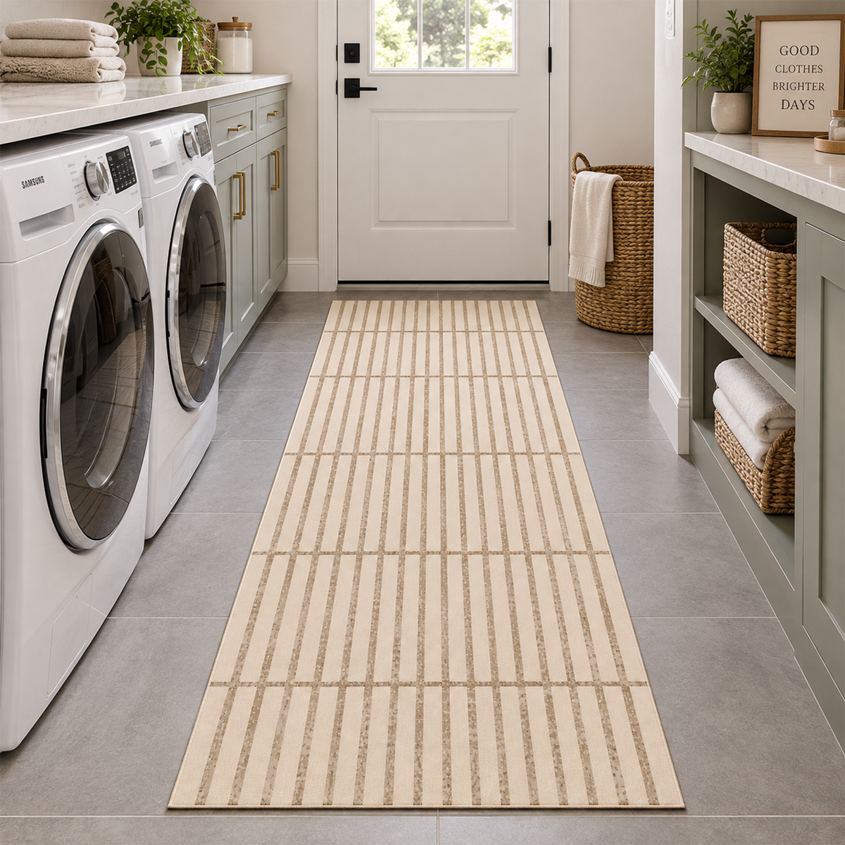 Beige Pinstripe Grid Rug